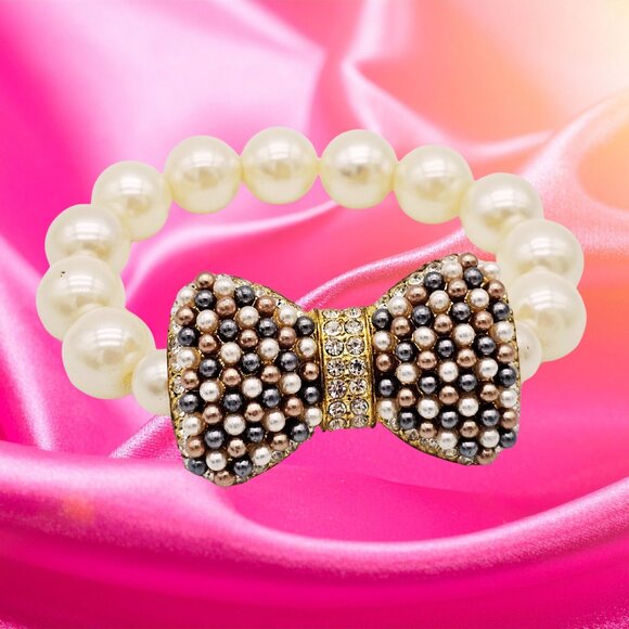 Pearl Stretch Bracelet w/ Large Pave Bow, Gold-Tone Rhinestone Center, Statement - Picture 2 of 10